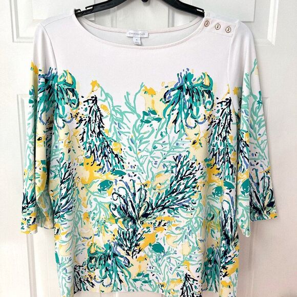 Charter Club Button-Trim Printed 3/4 Sleeve Top 1X - Picture 1 of 8